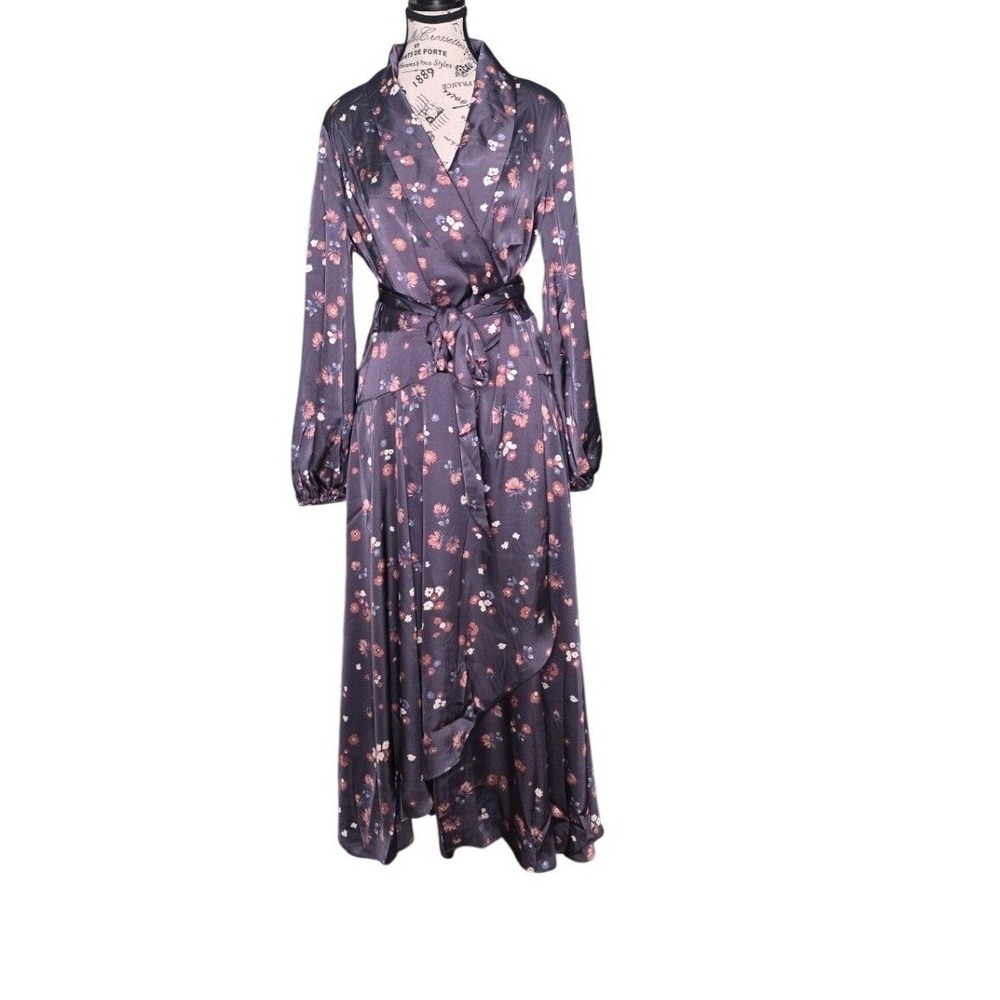 Onetheland Floral Wrap Midi Dress S Long Sleeve V Neck Self Tie Boho